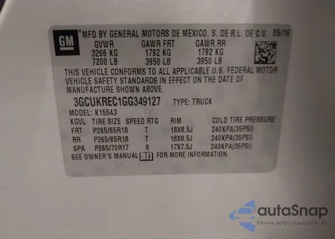 2016 Chevrolet Silverado 1500 2Lt z USA, uszkodzony, nr VIN 3GCUKREC1GG349127